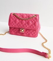 New Look Bright Pink Leather-Look Quilted Chain Strap Cross Body Bag